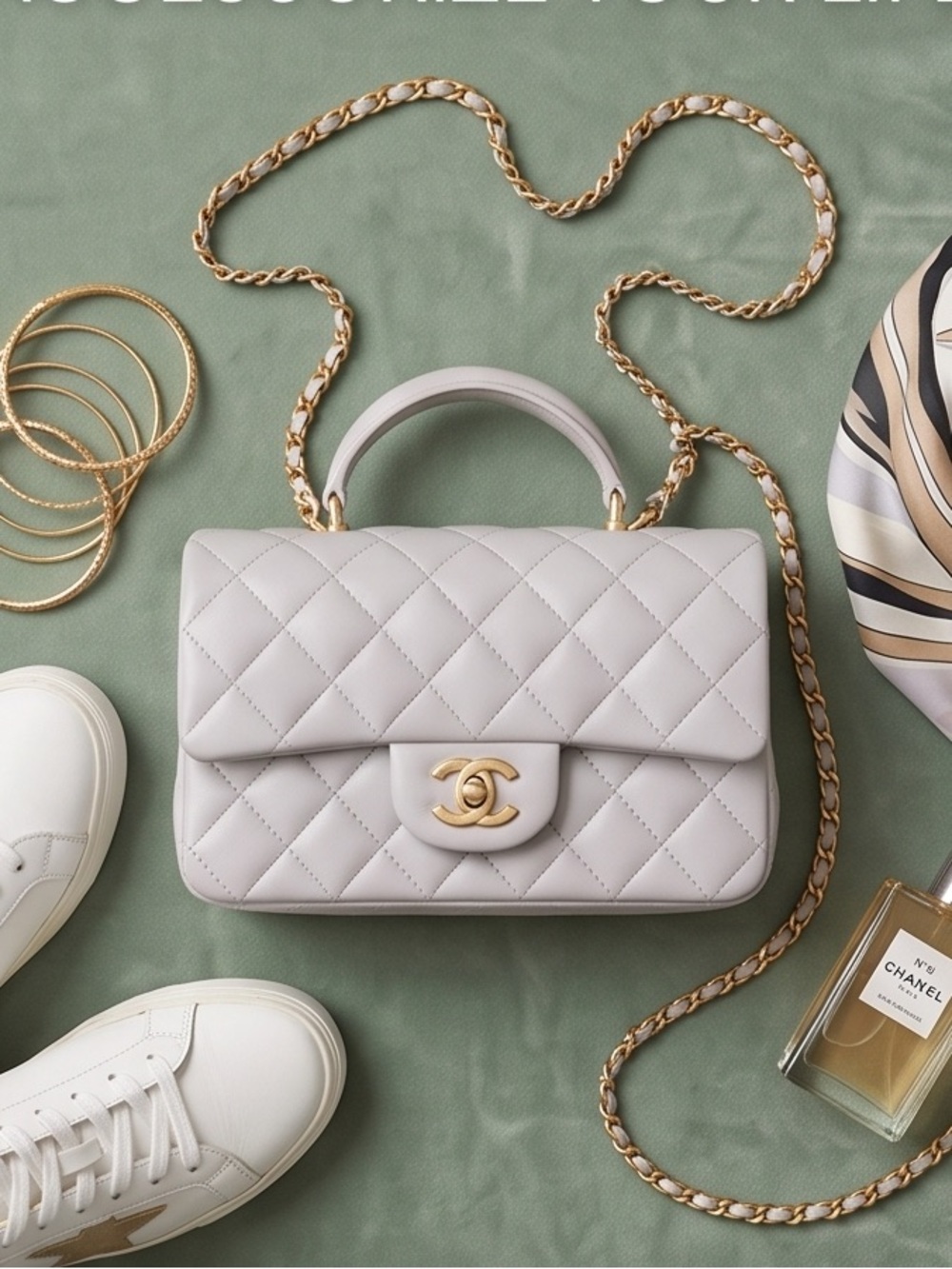 CHANEL Quilted Top Handle Mini Bag - Light Gray with Gold Hardware